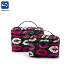 Portable printed pattern 2 set polyester lips makeup bag with mirror